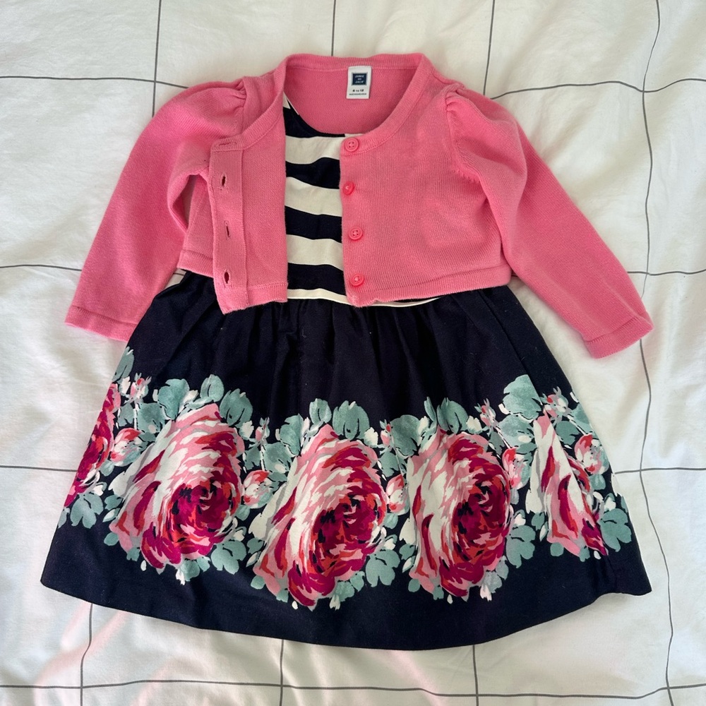 Pink and Blue Floral A-Line Knee-Length Dress